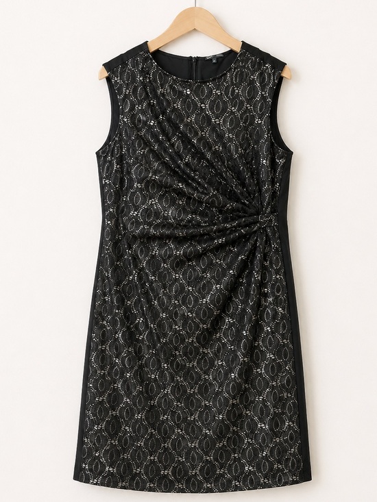 Chaus Dresses & Skirts - Chaus Black Metallic Lace Ruched Sheath Cocktail Dress Sleeveless Midi Size L